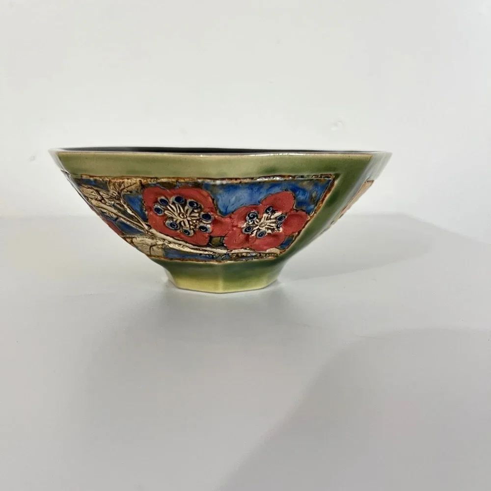Malaysia Handicraft‎ Pottery Bowl Red Poppies Blue Accents Octagonal Shape